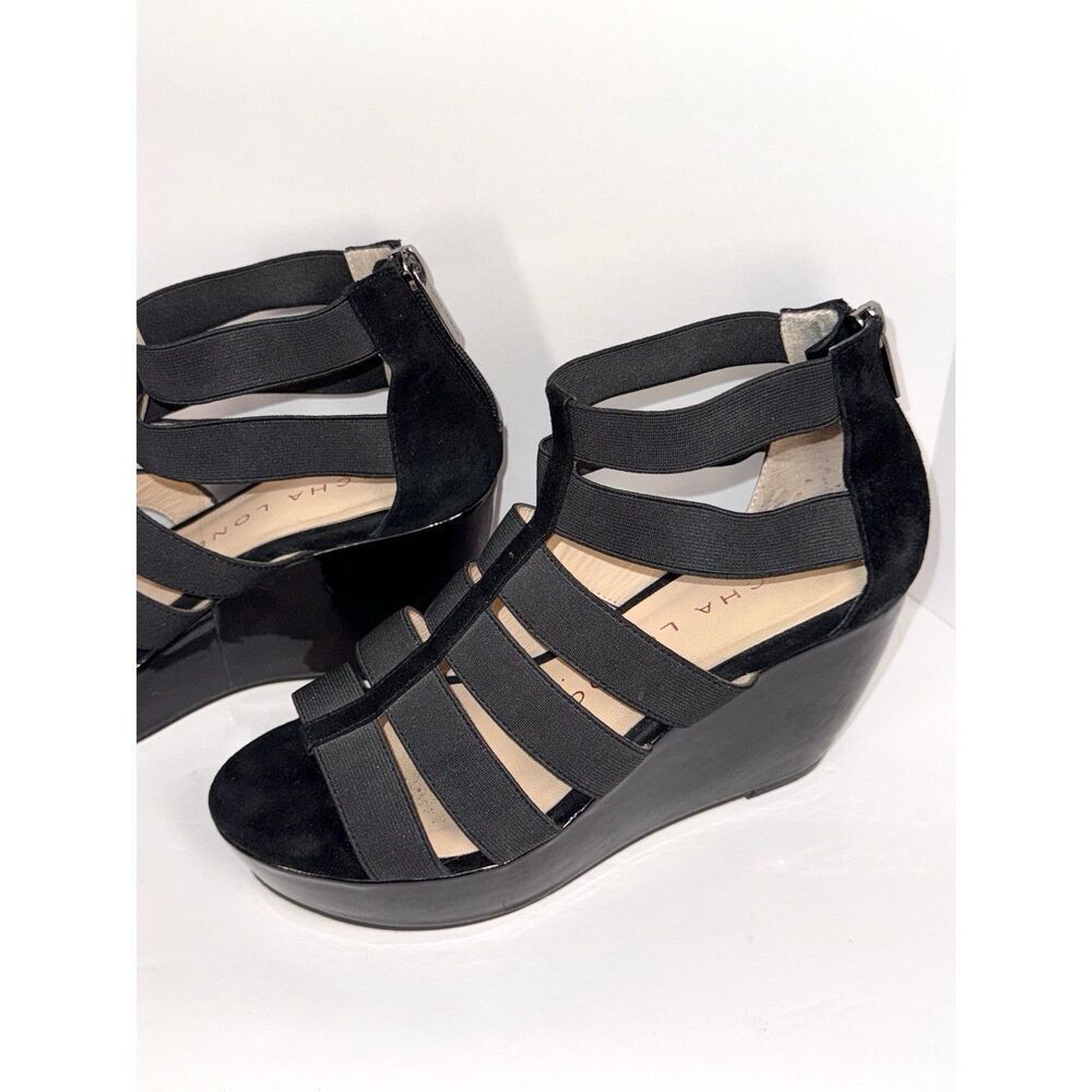 Sacha London Omega Wedge Strappy Sandal Elastic Black Patent Leather Classic 7.5 - Picture 5 of 14